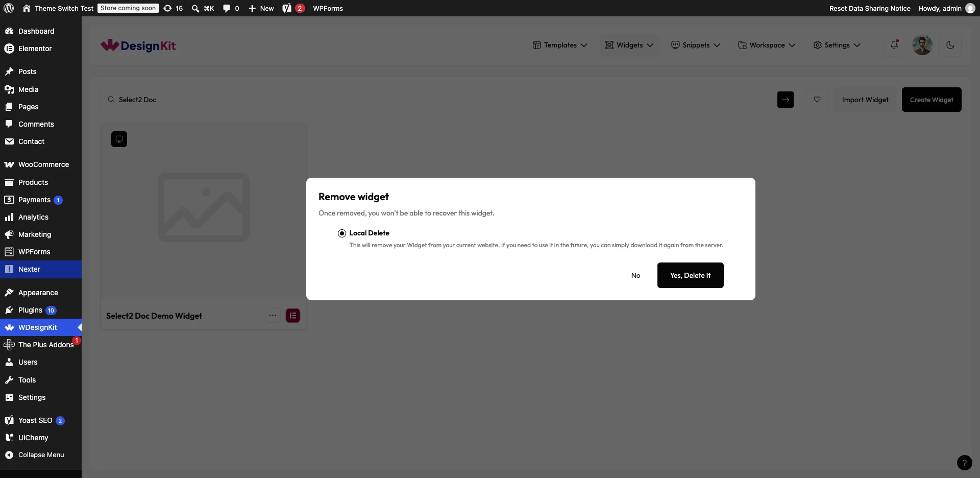 Remove widget confirmation popup with Local Delete option and Yes Delete It button