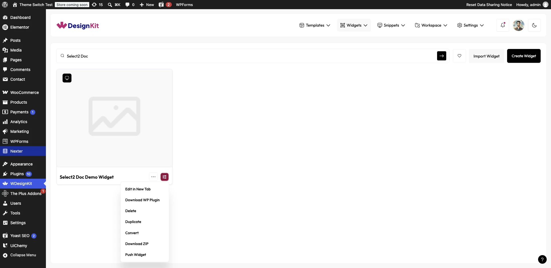 WDesignKit widget card three-dot menu with Delete option