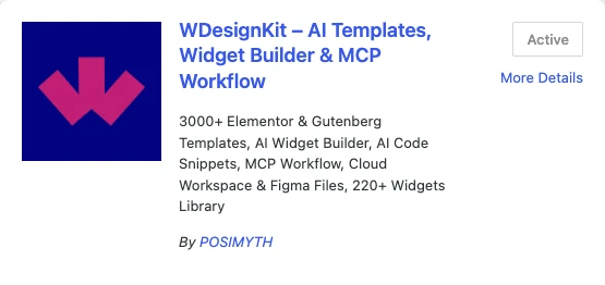 WDesignKit plugin listed as Active in the WordPress Plugins page, with a More Details link.