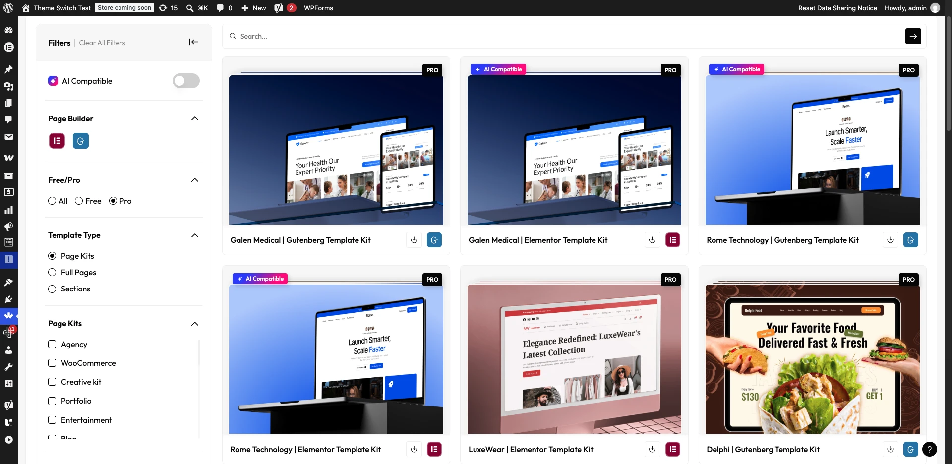 Browsing Pro-filtered Elementor templates in WDesignKit, showing the Galen Medical Elementor Template Kit