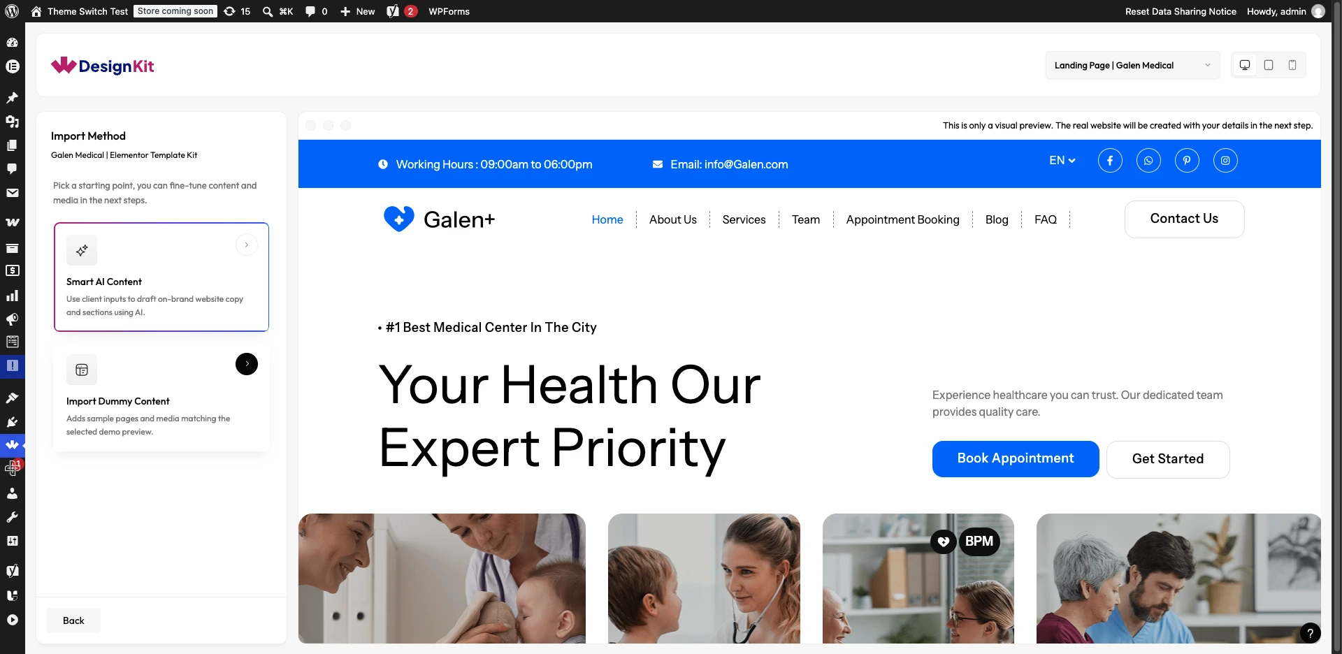 Import Method screen for the Galen Medical Pro Elementor Template Kit, showing Smart AI Content and Import Dummy Content options