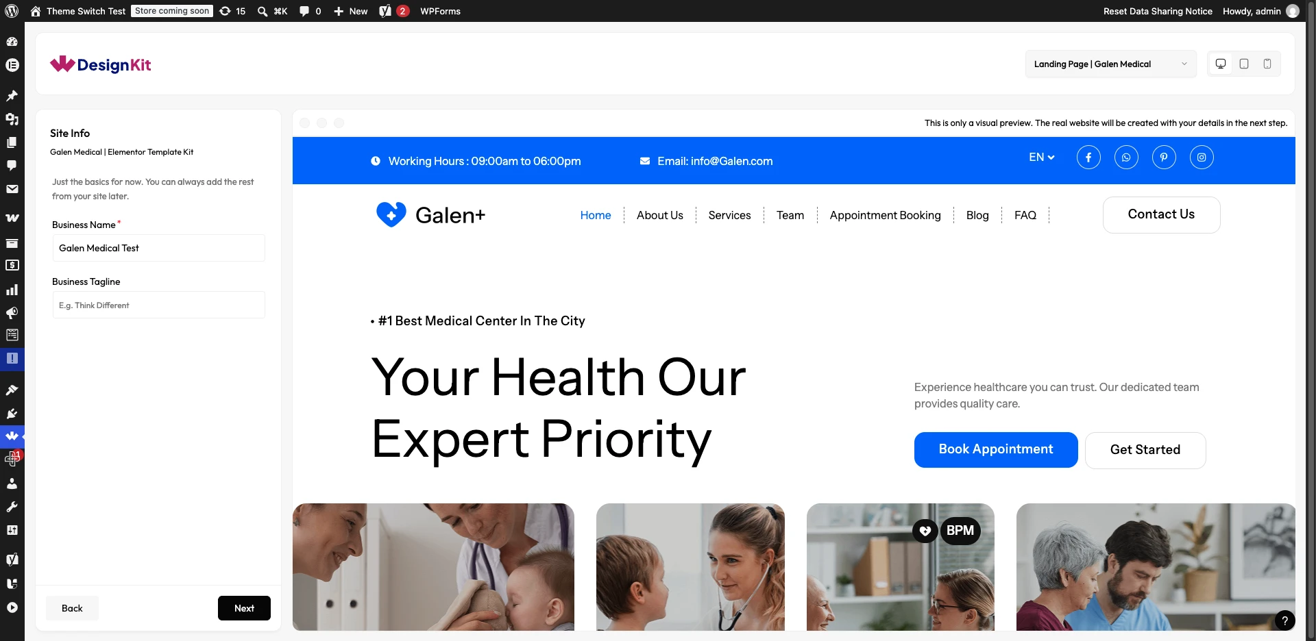 Site Info step after choosing Import Dummy Content for a Pro Elementor template kit