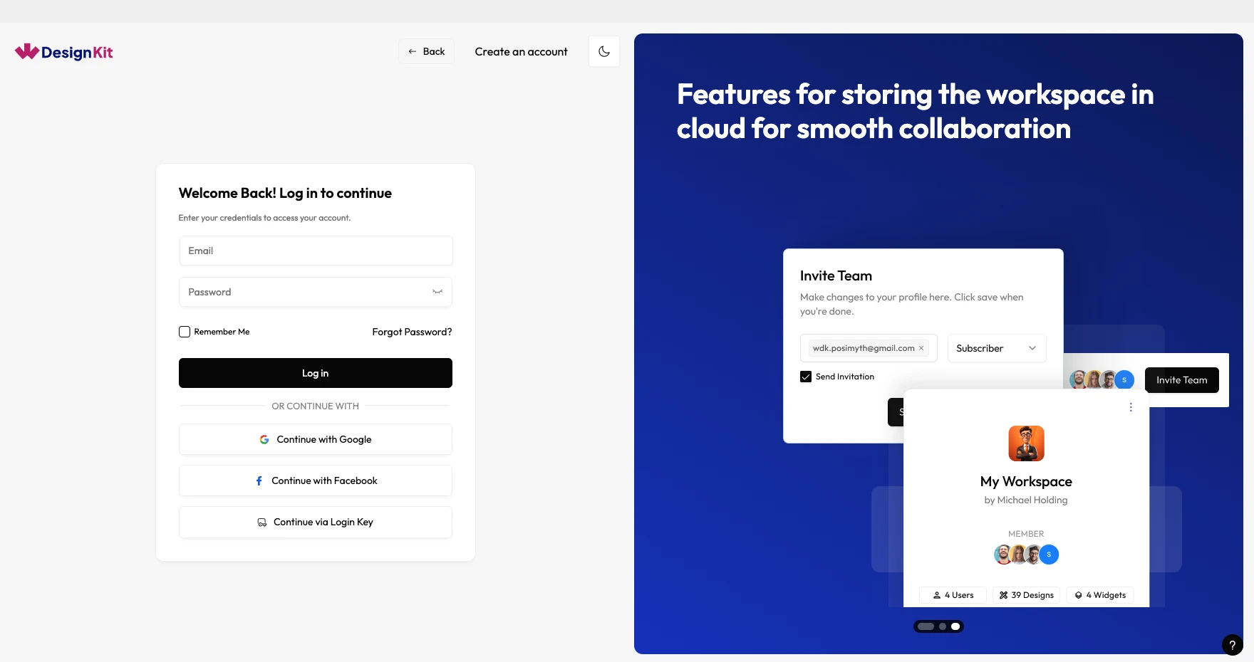 WDesignKit login screen with email, Google, Facebook and Login Key options