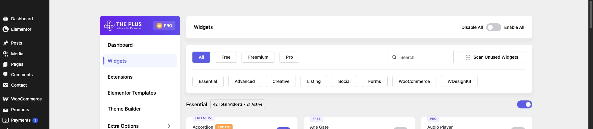 The Plus Addons for Elementor Widgets settings page showing the Enable All toggle