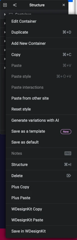 Elementor container right-click context menu showing Save in WDesignKit option