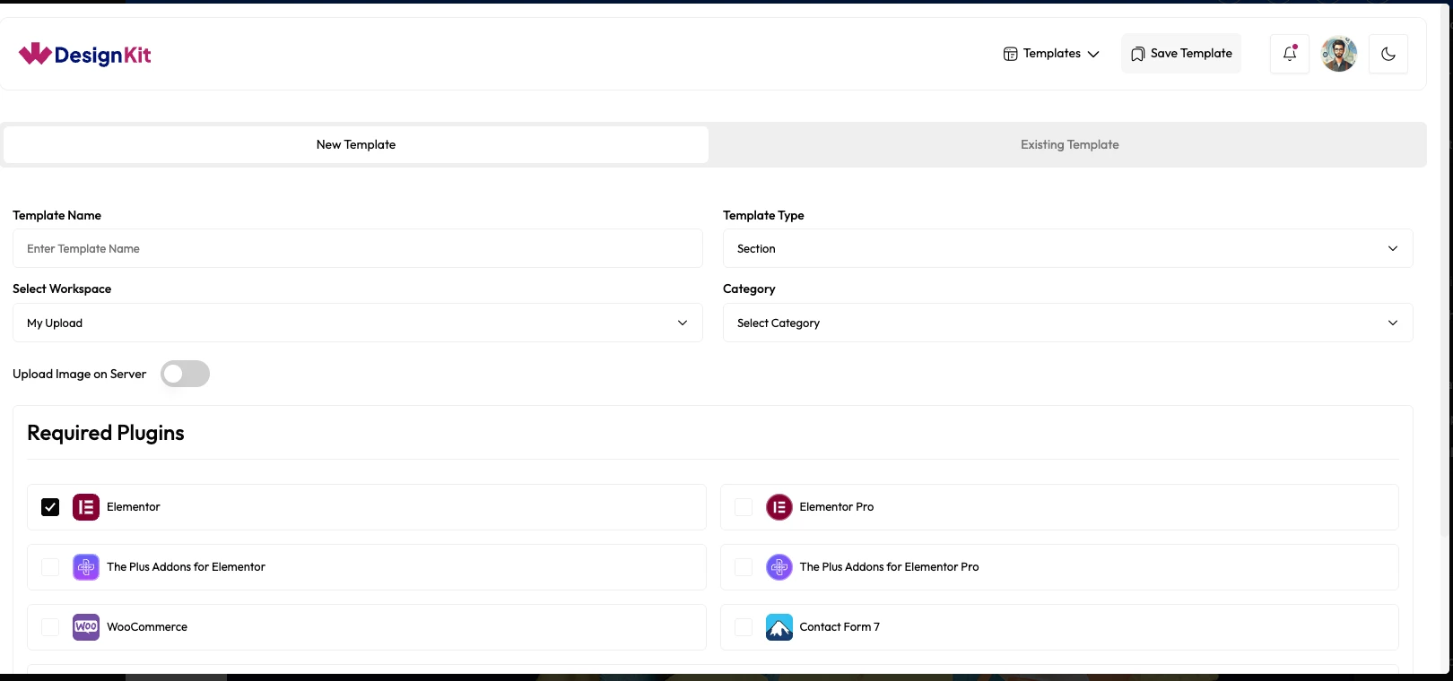 WDesignKit Save Template popup with Template Name, Template Type, Select Workspace, Category and Required Plugins fields