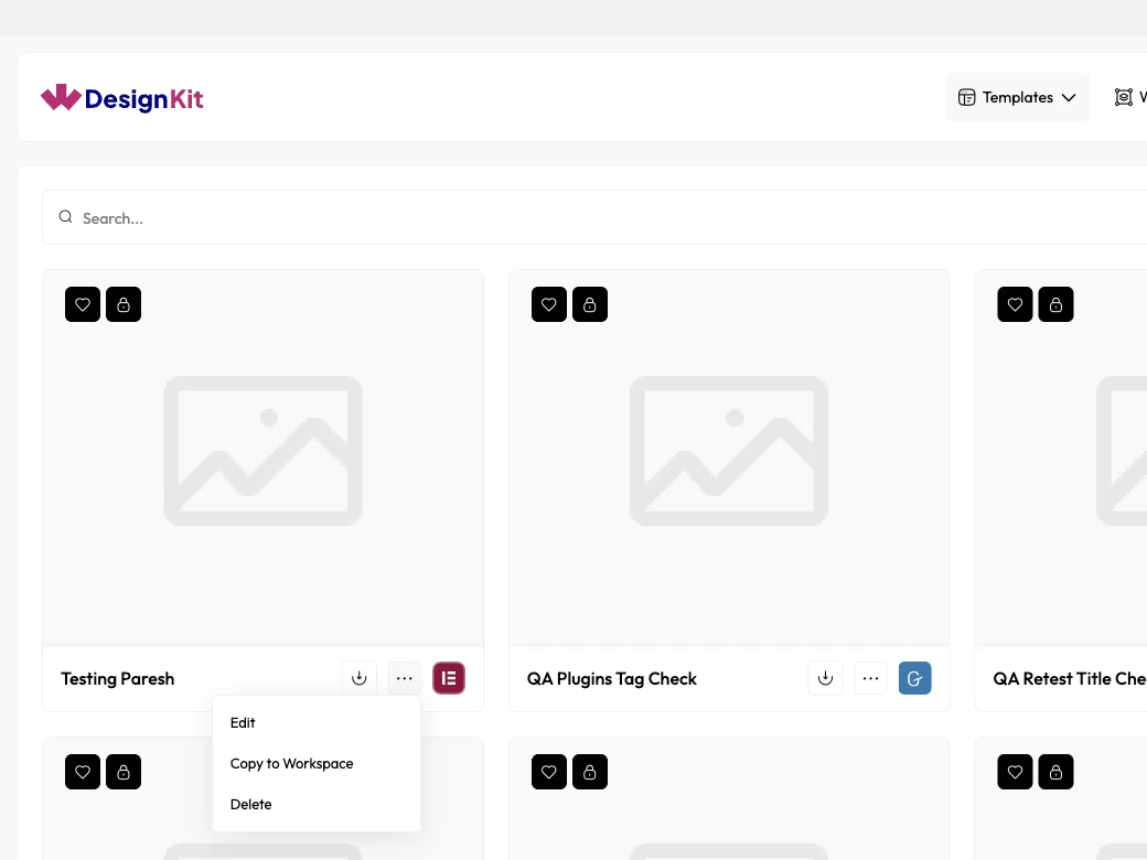 WDesignKit My Templates three-dot menu showing Edit, Copy to Workspace, and Delete