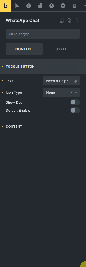 Toggle button settings for the WhatsApp Chat element in Bricks