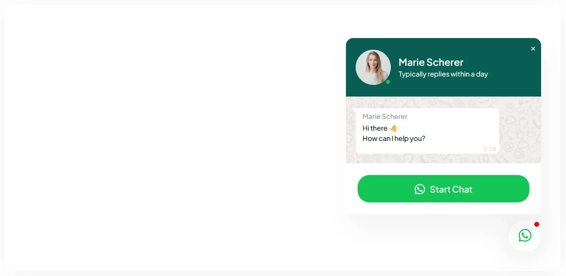 WhatsApp Chat element open on a live page showing the chat window and default message