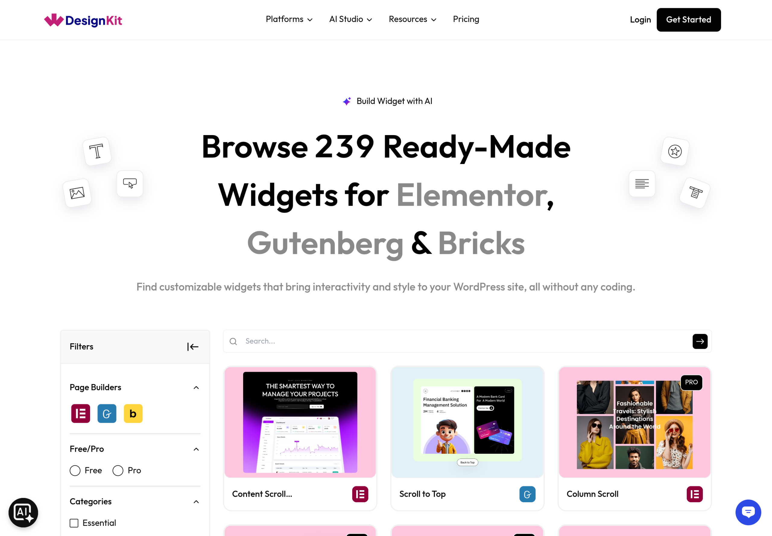 WDesignKit widget library page with free and pro filters across Elementor, Gutenberg, and Bricks