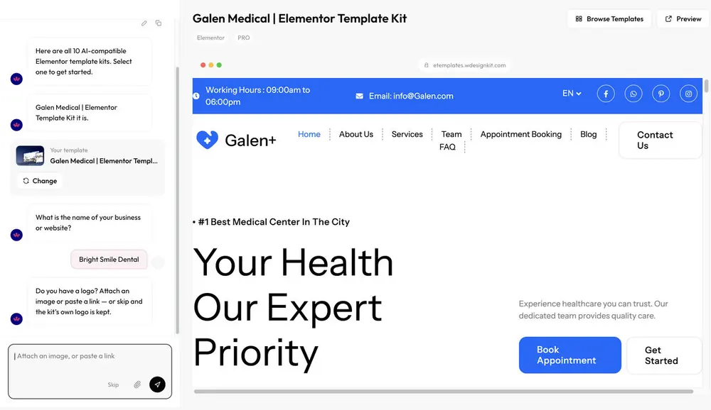 WDesignKit AI Templates chat asking What is the name of your business or website, with Bright Smile Dental typed as the answer, next to a preview of the Galen Medical Elementor template kit.