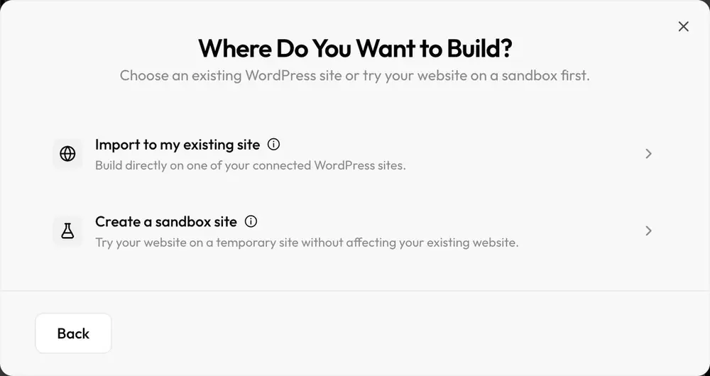 WDesignKit dialog titled Where Do You Want to Build with two options: Import to my existing site and Create a sandbox site.